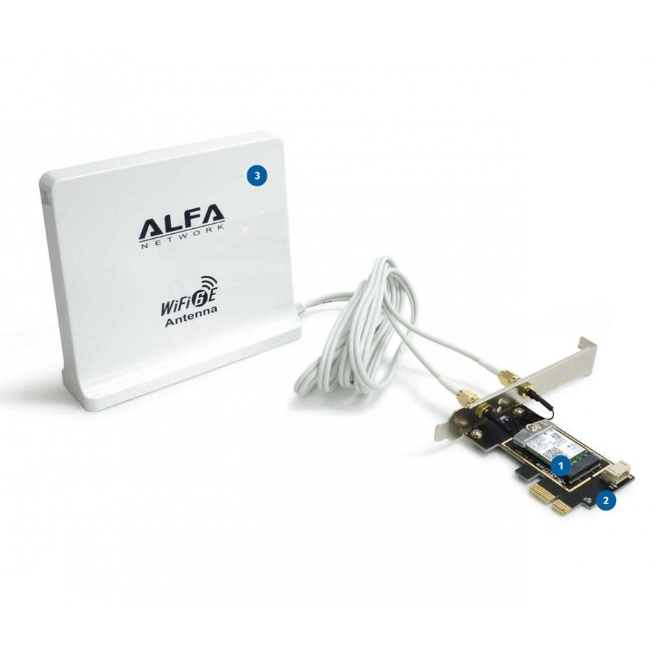 Alfa Wi-Fi 6E PCIe karte ar paneļa antenu