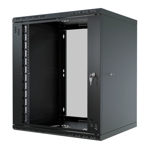Komutācijas skapis 19" 12U, 450mm, stikla durvis, melns
