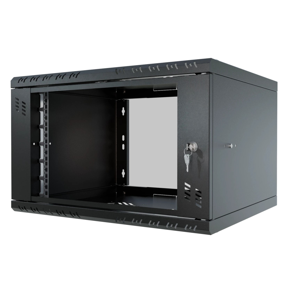 Komutācijas skapis 19" 6U, 450mm, stikla durvis, melns