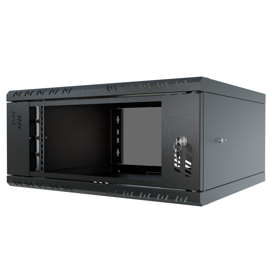 Komutācijas skapis 19" 4U, 450mm, stikla durvis, melns