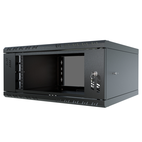 Komutācijas skapis 19" 4U, 450mm, stikla durvis, melns