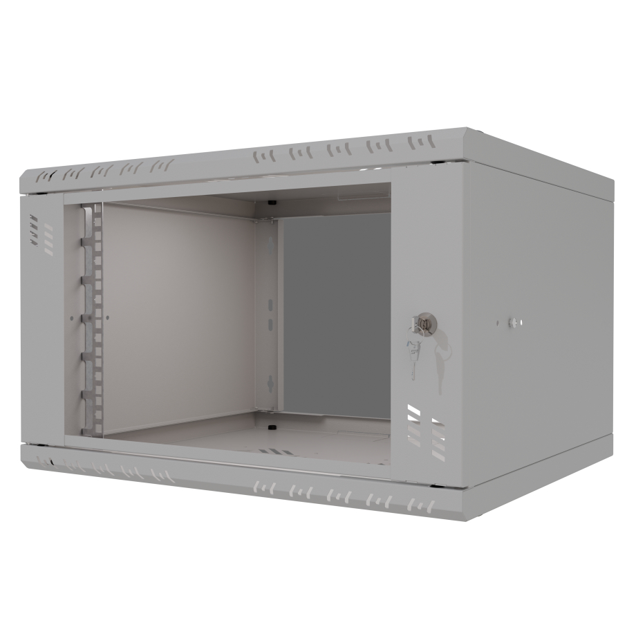 Komutācijas skapis 19" 6U, 450mm, stikla durvis, pelēks