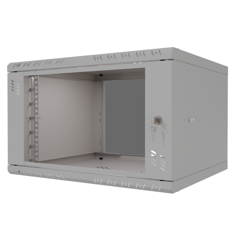 Komutācijas skapis 19" 6U, 450mm, stikla durvis, pelēks