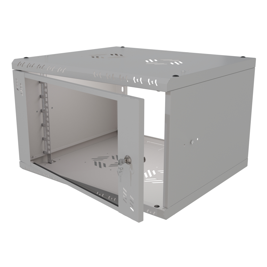 Komutācijas skapis 19" 6U, 450mm, stikla durvis, pelēks