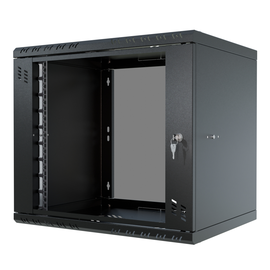 Komutācijas skapis 19" 9U, 450mm, stikla durvis, melns