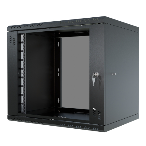 Komutācijas skapis 19" 9U, 450mm, stikla durvis, melns