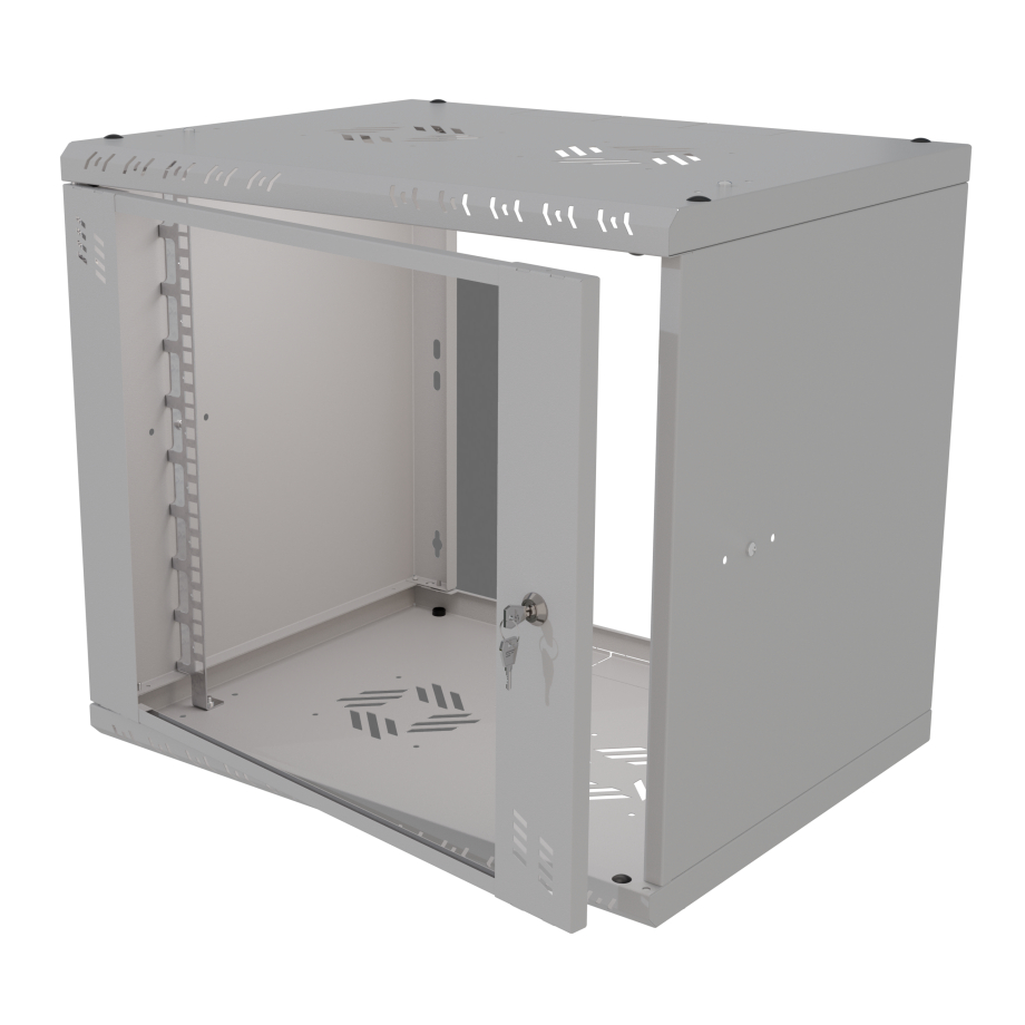 Komutācijas skapis 19" 9U, 450mm, stikla durvis, pelēks
