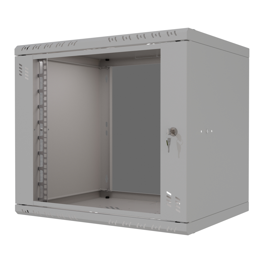 Komutācijas skapis 19" 9U, 600mm, stikla durvis, pelēks